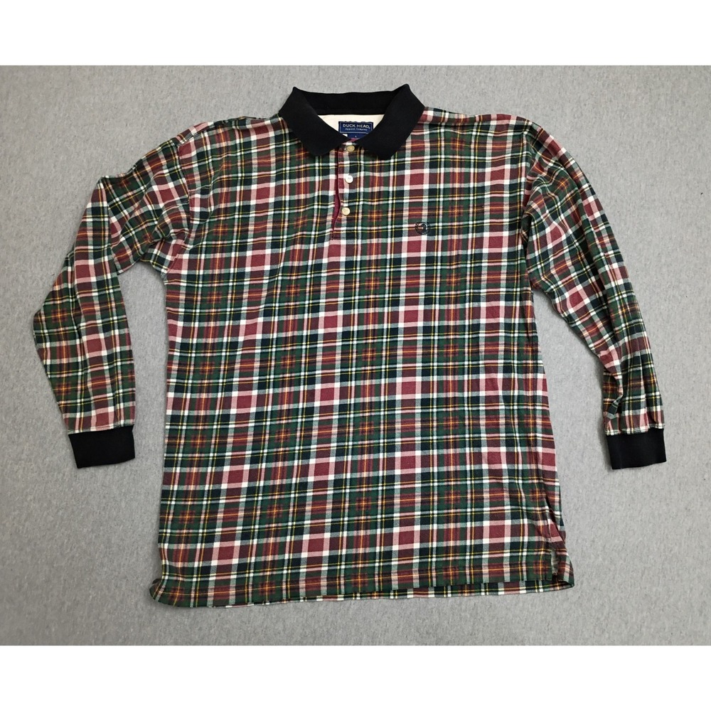 Duck Head Mens Long Sleeve Plaid Polo Shirt Green Red Large 100% Cotton - Picture 2 of 6